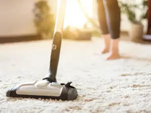 אישה שואבת אבק משטיח בעזרת שואב אבק (ShutterStock)