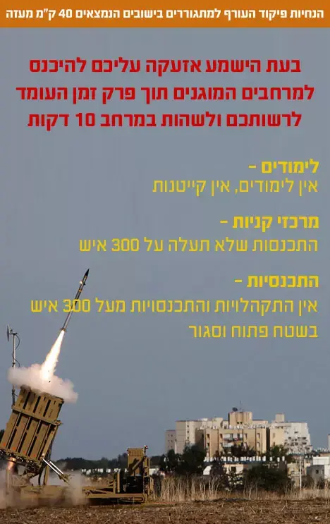 הנחיות פיקוד העורף למתגוררים ביישובים הנמצאים 40 ק"מ מעזה (מערכת וואלה! NEWS)