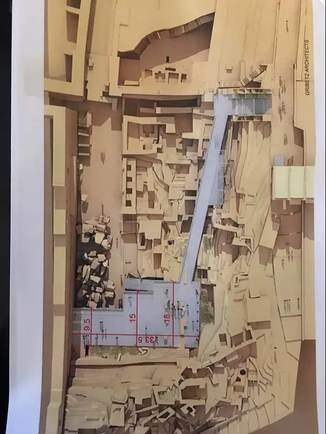 שרטוט תכנון בניית הרחבה השלישית לכותל המערבי באזור קשת רובינסון, מדרום לרחבה הקיימת. ינואר 2016 (סריקה)