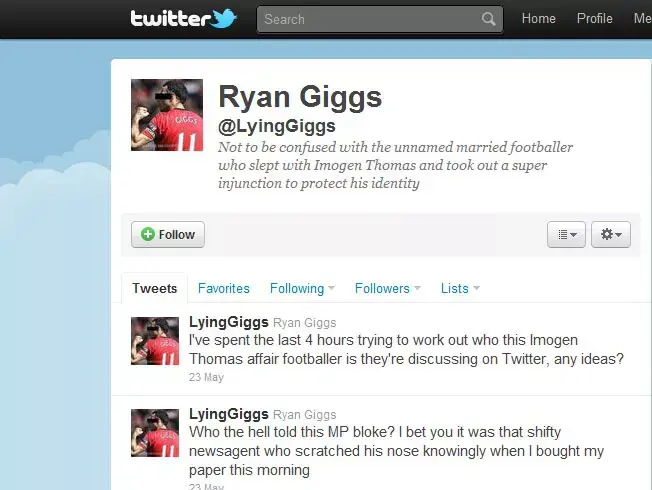 צילום מסך של חשבון הטוויטר LyingGiggs, אחד מאלפים שחשפו את זהותו של ראיין גיגס ככדורגלן הנשוי שמעורב ברומן עם כוכבת הריאליטי אימוג'ן תומס (צילום מסך , twitter.com) צילום מסך של חשבון הטוויטר LyingGiggs, אחד מאלפים שחשפו את זהותו של ראיין גיגס ככדורגלן הנשוי שמעורב ברומן עם כוכבת הריאליטי אימוג'ן תומס (צילום מסך , twitter.com)