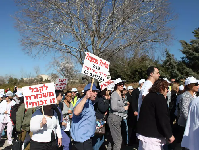 הפגנה של עובדי בית החולים הדסה בגן הוורדים, מול הכנסת. פברואר 2014 (יואב דודקביץ') הפגנה של עובדי בית החולים הדסה בגן הוורדים, מול הכנסת. פברואר 2014 (יואב דודקביץ')