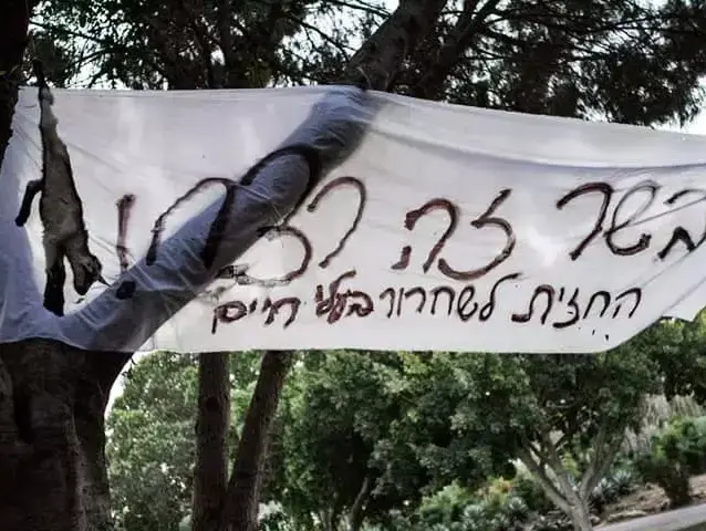 פגרים של חיות בפארק הירקון, 23 באפריל, יום העצמאות 2015 (אתר רשמי , מתוך עמוד הפייסבוק של החזית לשחרור בעלי חיים)