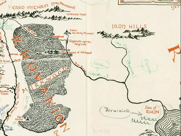 מפת הארץ התיכונה עם הערות של טולקין (יח"צ , Blackwells Rare Books) מפת הארץ התיכונה עם הערות של טולקין (יח"צ , Blackwells Rare Books)