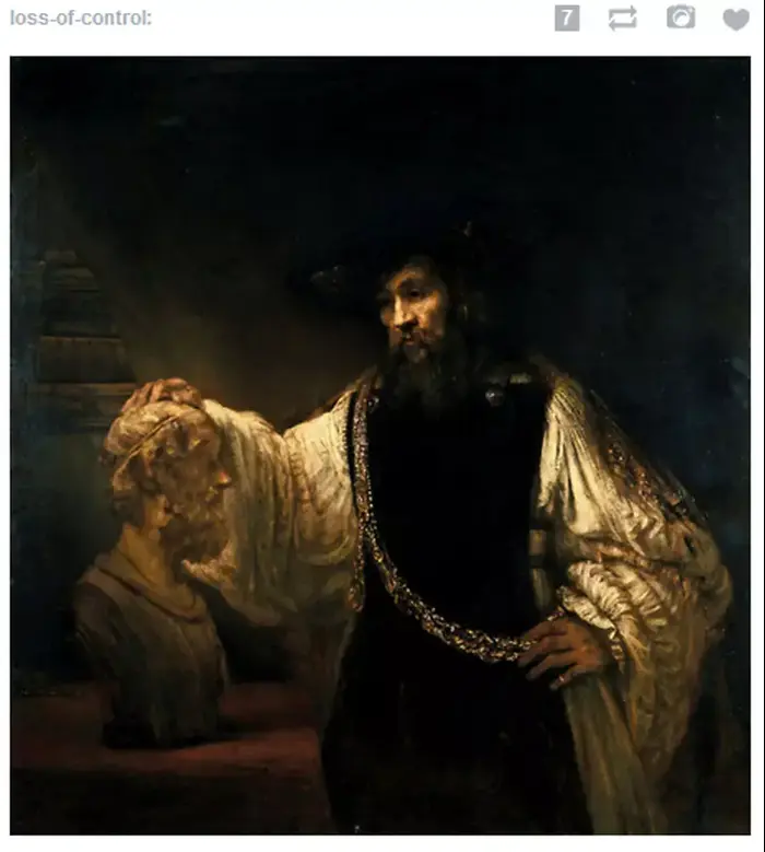 הציור " Aristotle with a bust of Homer" של רמברנדט מהטמבלר http://loss-of-control.tumblr.com/ (צילום מסך) הציור " Aristotle with a bust of Homer" של רמברנדט מהטמבלר http://loss-of-control.tumblr.com/ (צילום מסך)