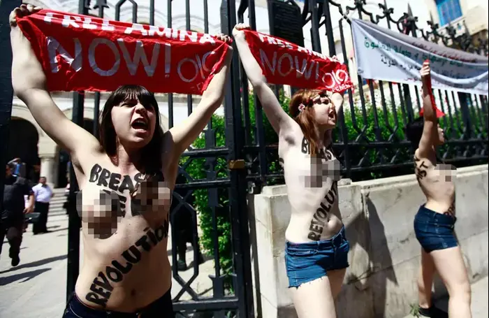 מפגינות מארגון FEMEN מול משרד המשפטים בתוניס, תוניסיה. מאי 2013 (רויטרס) מפגינות מארגון FEMEN מול משרד המשפטים בתוניס, תוניסיה. מאי 2013 (רויטרס)