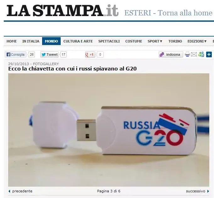 אתר העיתון "לה סטמפה" מדווח על החסן נייד USB שחולק בוועידת G-20 והכיל תוכנות ריגול (צילום מסך) אתר העיתון "לה סטמפה" מדווח על החסן נייד USB שחולק בוועידת G-20 והכיל תוכנות ריגול (צילום מסך)