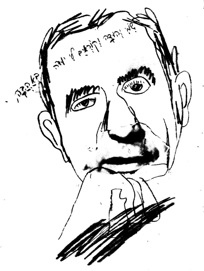 רישום של רוני סומק, בו צייר את יהודה עמיחי (סריקה) רישום של רוני סומק, בו צייר את יהודה עמיחי (סריקה)