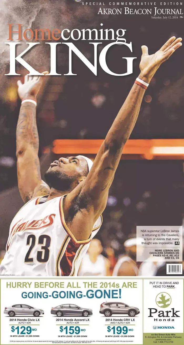 לברון ג'יימס על שער Akron Beacon Journal (סריקה)