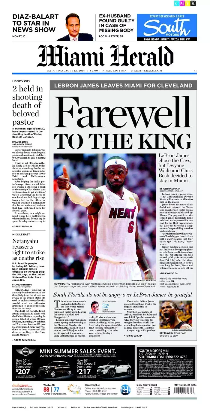 לברון ג'יימס על שער The Miami Herald (סריקה)