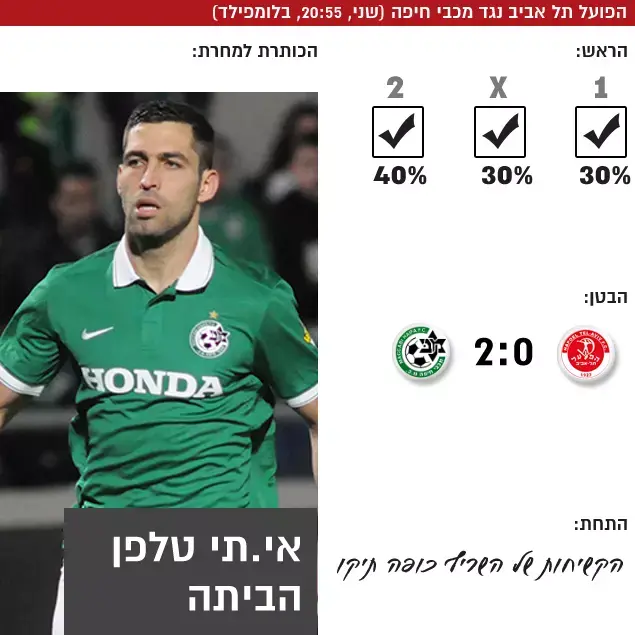 הפועל תל אביב נגד מכבי חיפה (שני, 20:55, בלומפילד) (עיבוד תמונה) הפועל תל אביב נגד מכבי חיפה (שני, 20:55, בלומפילד) (עיבוד תמונה)