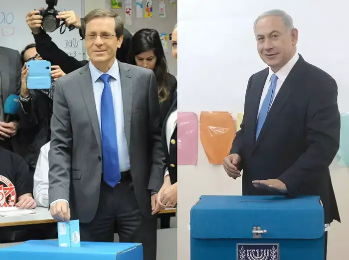 ראש הממשלה, בנימין נתניהו, יו"ר המחנה הציוני יצחק הרצוג. מצביעים בבחירות 2015. (עיבוד תמונה) ראש הממשלה, בנימין נתניהו, יו"ר המחנה הציוני יצחק הרצוג. מצביעים בבחירות 2015. (עיבוד תמונה)
