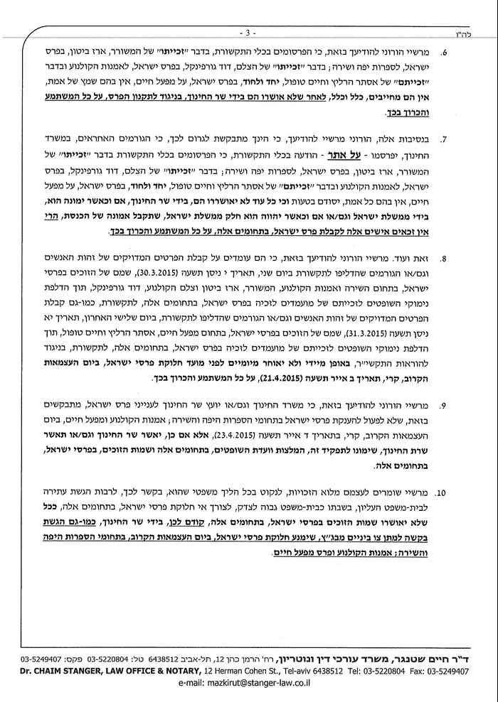 מחאה על אי עמידה בתנאי תקנון פרס ישראל אפריל 2015 (צילום מסך) מחאה על אי עמידה בתנאי תקנון פרס ישראל אפריל 2015 (צילום מסך)