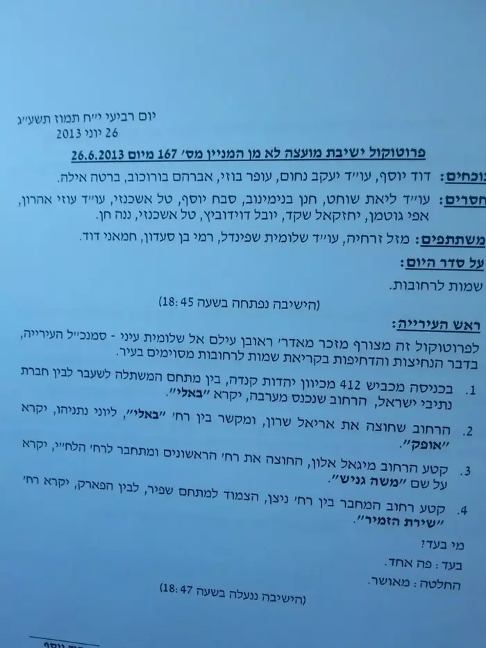 פרוטוקול הדיון במועצת העיר אור יהודה שבו הוחלט לאשר את שם רחוב באלי (סריקה)