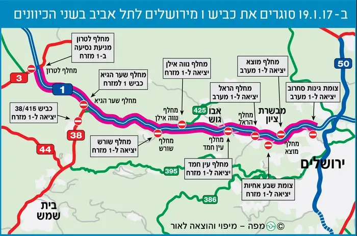 מפת החסימות בכביש 1 לאור העבודות על הכביש, ינואר 2017 (צילום מסך) מפת החסימות בכביש 1 לאור העבודות על הכביש, ינואר 2017 (צילום מסך)