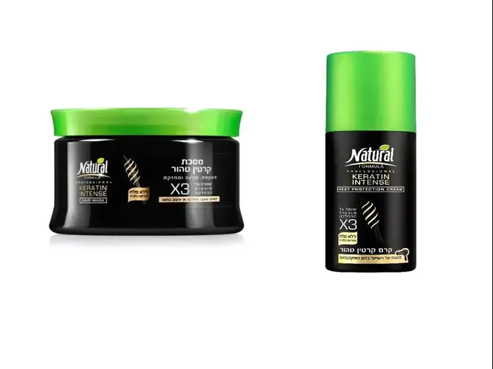 מסכת קרטין טהור ובקבוק קרטין טהור של חברת NATURAL (יח"צ)
