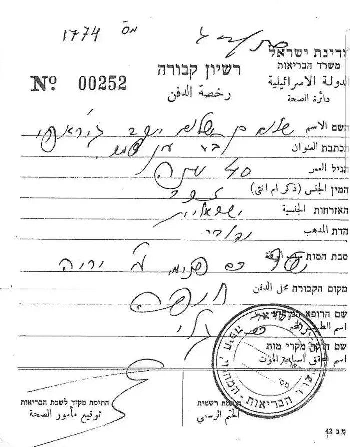 רישיון הקבורה לעולה מתימן סאלם ג'רפי שנרצח במעברה בעין שמר ב-1950 (מערכת וואלה! NEWS) רישיון הקבורה לעולה מתימן סאלם ג'רפי שנרצח במעברה בעין שמר ב-1950 (מערכת וואלה! NEWS)
