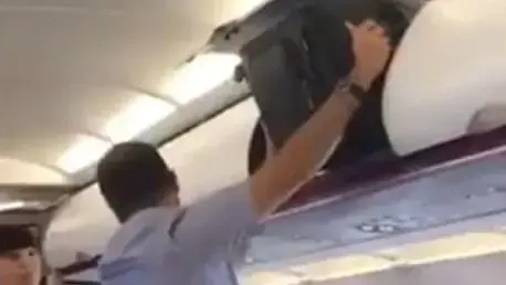 גבר לא מצליח להכניס מזוודה לתא המטען מעל ראשון במטוס (צילום מסך) גבר לא מצליח להכניס מזוודה לתא המטען מעל ראשון במטוס (צילום מסך)