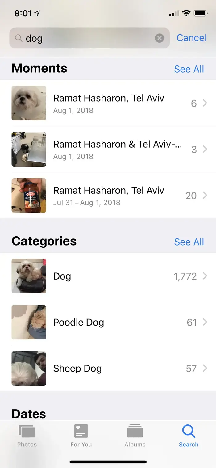 איתור תמונות בגלריית האייפון (צילום מסך) איתור תמונות בגלריית האייפון (צילום מסך)