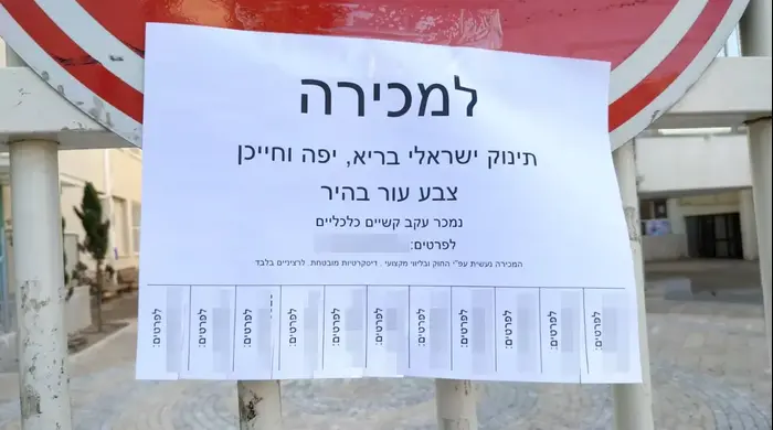 שלט "למכירה תינוק" בכניסה לבתי כנסת וגני ילדים בחיפה (עיבוד תמונה , יוסף גבאי) שלט "למכירה תינוק" בכניסה לבתי כנסת וגני ילדים בחיפה (עיבוד תמונה , יוסף גבאי)