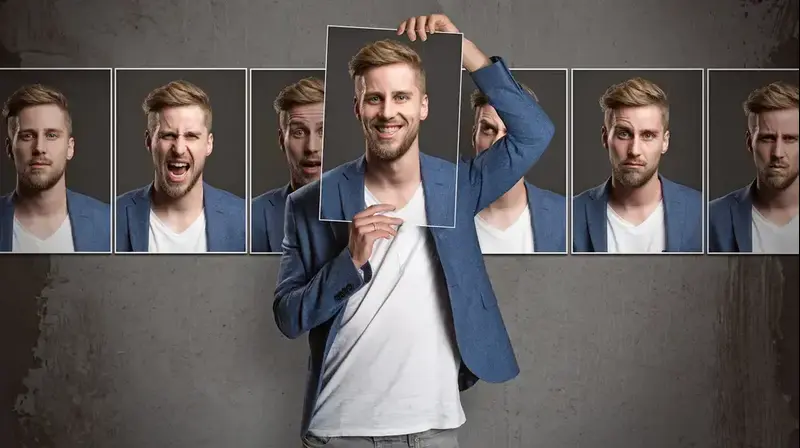 גבר מחזיק תמונות של פרצופים והבעות (ShutterStock)