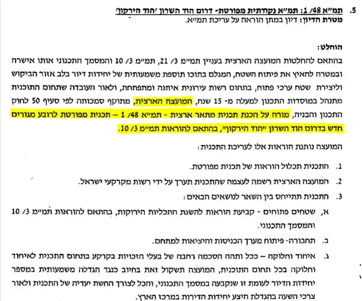 מסמך תמ"א של המועצה הארצית לתפעול מיזם הר 400 בהוד השרון (סריקה)