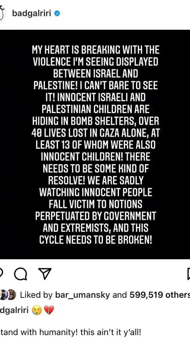 Rihanna sur la situation entre Israéliens et Palestiniens, mai 2021. Instagram, capture d'écran