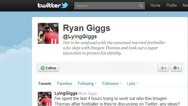 צילום מסך של חשבון הטוויטר LyingGiggs, אחד מאלפים שחשפו את זהותו של ראיין גיגס ככדורגלן הנשוי שמעורב ברומן עם כוכבת הריאליטי אימוג'ן תומס צילום מסך של חשבון הטוויטר LyingGiggs, אחד מאלפים שחשפו את זהותו של ראיין גיגס ככדורגלן הנשוי שמעורב ברומן עם כוכבת הריאליטי אימוג'ן תומס