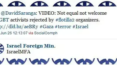 ציוץ טוויטר של משרד החוץ, עם לינק לסרטון הונאה של "פעיל זכויות הומואים" שסירבו לבקשתו להצטרף למשט לעזה ציוץ טוויטר של משרד החוץ, עם לינק לסרטון הונאה של "פעיל זכויות הומואים" שסירבו לבקשתו להצטרף למשט לעזה