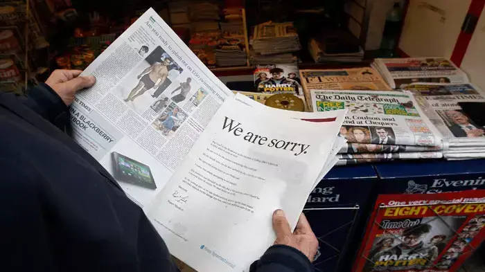 מודעת התנצלות של "ניוז קורפ" שפורסמה בעיתוני בריטניה, 16 ביולי 2011 מודעת התנצלות של "ניוז קורפ" שפורסמה בעיתוני בריטניה, 16 ביולי 2011