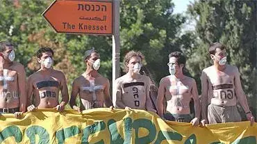 פעילי גרינפיס מוחים נגד הקמת תחנת הכח החדשה ( צילום באובאו )