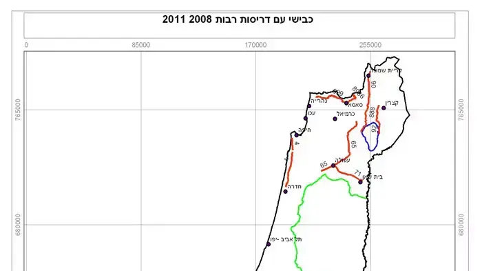 מפה המתארת את "הכבישים האדומים" ברחבי הארץ, בהם נוטים להידרס בעלי חיים מפה המתארת את "הכבישים האדומים" ברחבי הארץ, בהם נוטים להידרס בעלי חיים