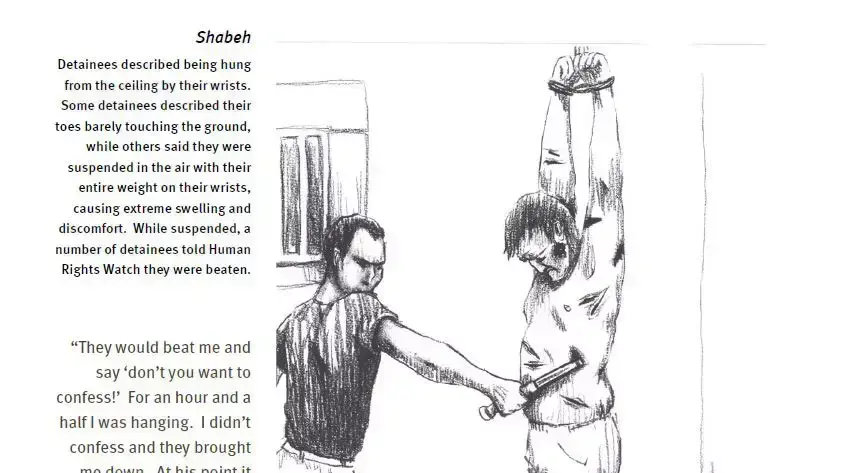 נתונים ואיורים מדו"ח של Human Rights Watch, שסקר מעשי עינויים בסוריה. יולי 2012