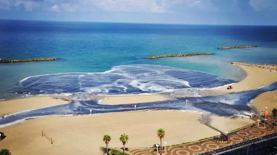 מי הים בחוף הדולפינריום הושחרו בעקבות זיהום אחרי הגשם, אוקטובר 2012 מי הים בחוף הדולפינריום הושחרו בעקבות זיהום אחרי הגשם, אוקטובר 2012