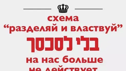 מתוך עמוד פייסבוק ובו עצומה של שתי קבוצות צעירים מטעם מכון שחרית, יוצאי עדות המזרח ודוברי רוסית, הקורא להפסיק לסכסך בין שתי הקבוצות, בתגובה לתשדיר התעמולה של ש"ס