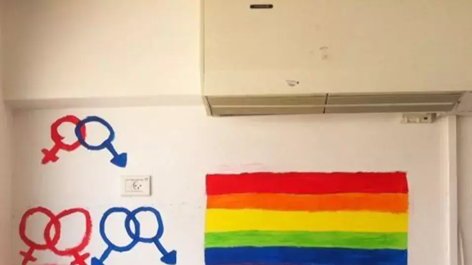 ציור של דגל הגאווה וסמלי זכר ונקבה, שצוירו על קיר בכיתה י"א בבית ספר באחת הערים בדרום. מאי 2013