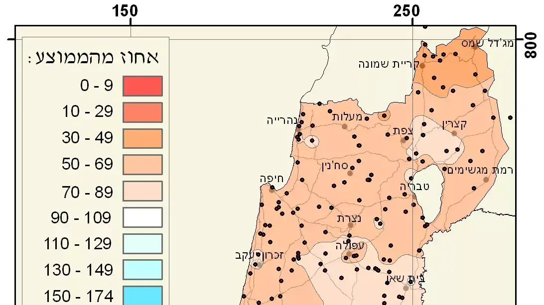 כמות הגשם מתחילת העונה עד היום ביחס לממוצע לתקופה המקבילה