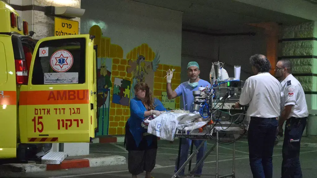 אחד הילדים שהורעל מחומרי הדברה בירושלים בכניסה לבית החולים שניידר, ינואר 2014