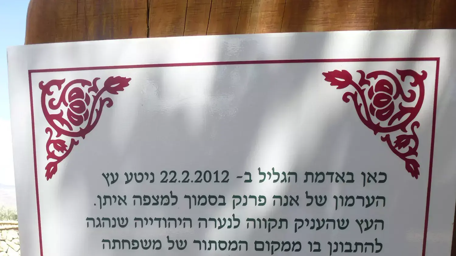 העץ של אנה פרנק שמת במצפה ע"ש איתן בלחסן ברמות נפתלי שליד קרית שמונה. יוני 2014 העץ של אנה פרנק שמת במצפה ע"ש איתן בלחסן ברמות נפתלי שליד קרית שמונה. יוני 2014