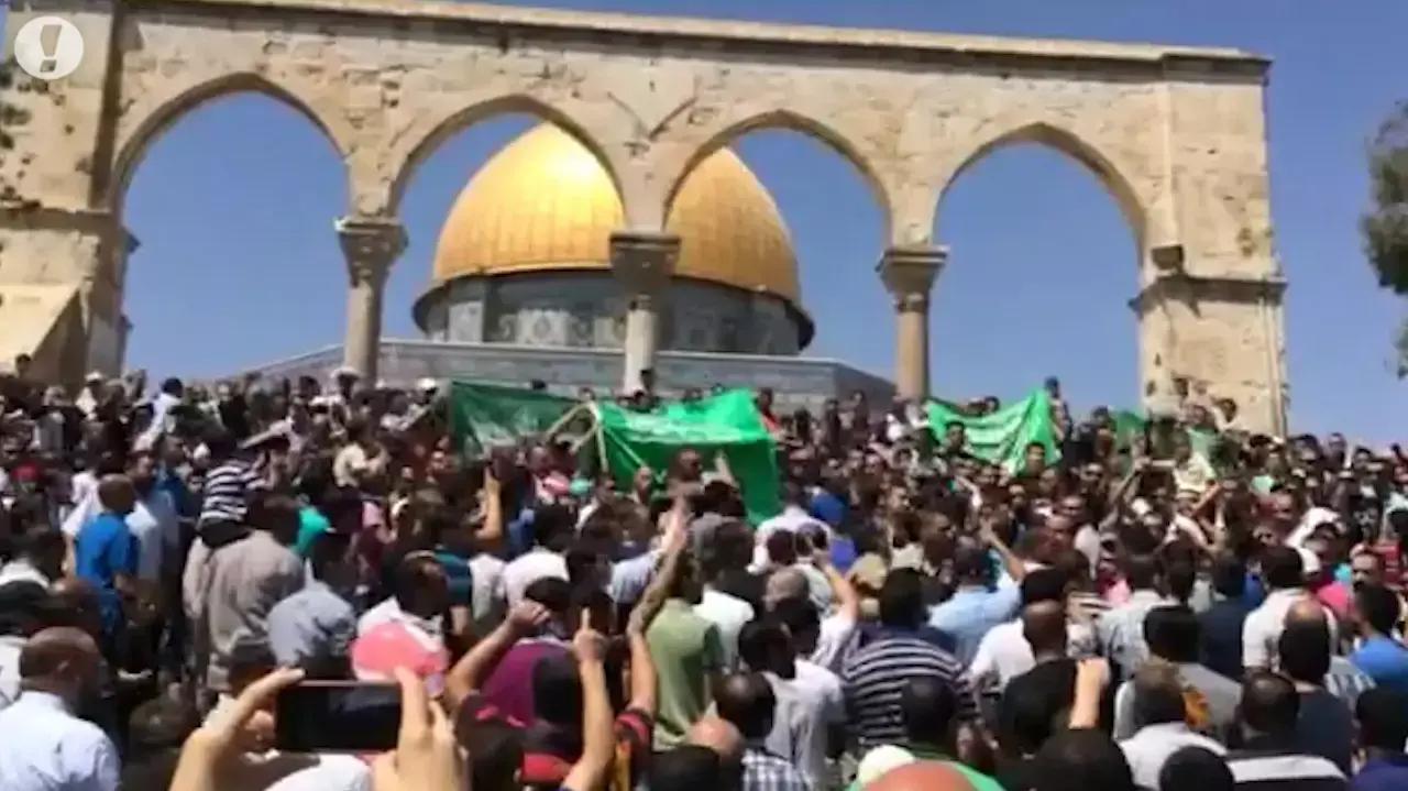 תיעוד: הפגנת תמיכה המונית בחמאס בלב הר הבית תיעוד: הפגנת תמיכה המונית בחמאס בלב הר הבית