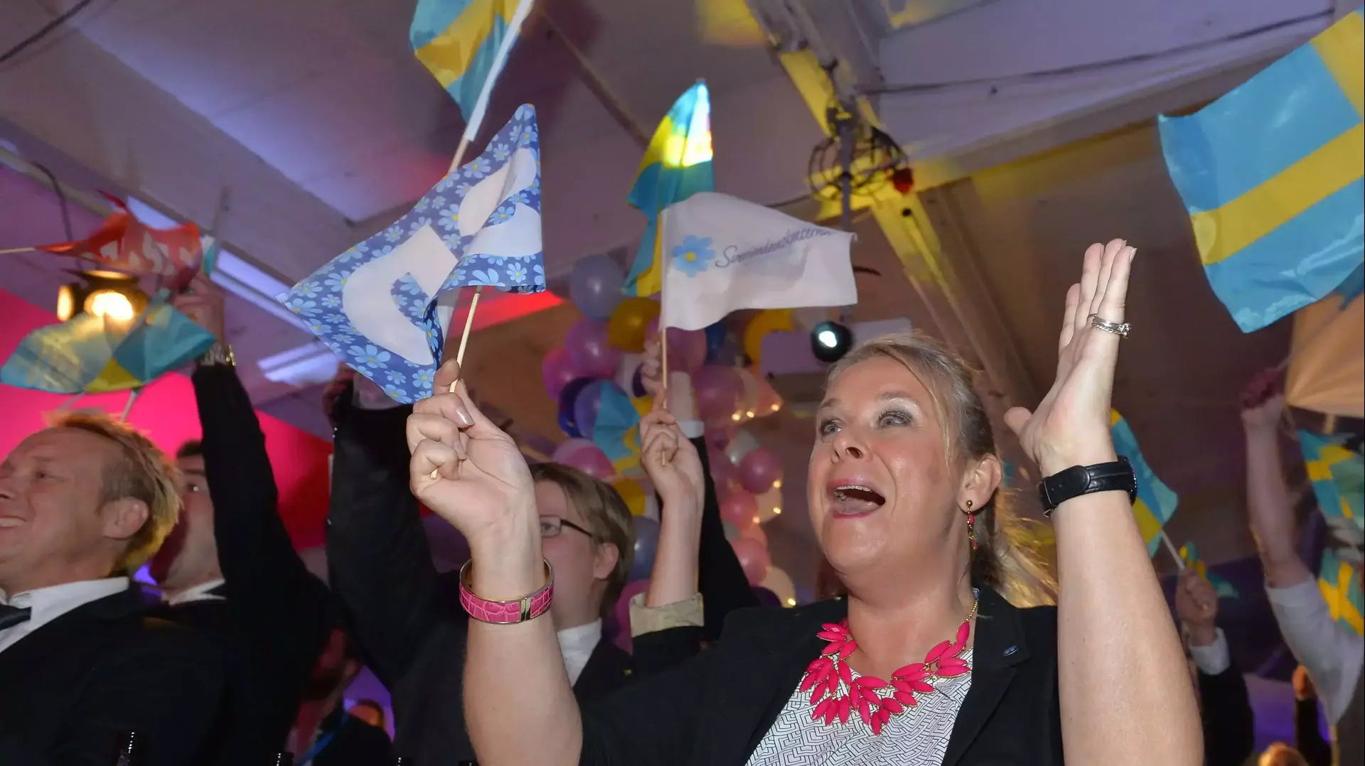 תומכי המפלגה הדמוקרטית בשבדיה חוגגים את תוצאות הבחירות, שטוקהולם תומכי המפלגה הדמוקרטית בשבדיה חוגגים את תוצאות הבחירות, שטוקהולם