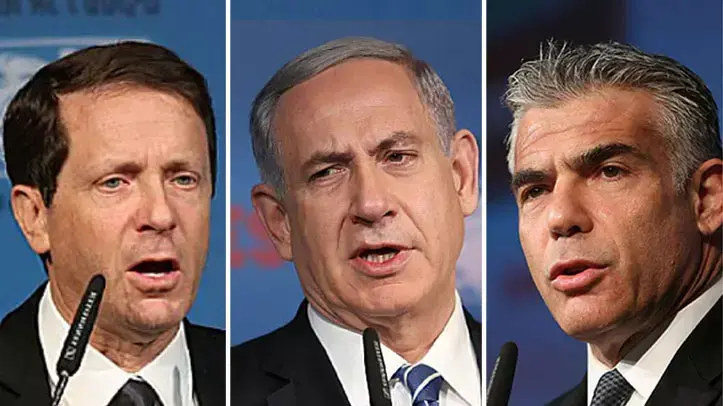 יאיר לפיד, בנימין נתניהו ויצחק הרצוג בוועידת ישראל לעסקים, דצמבר 2014