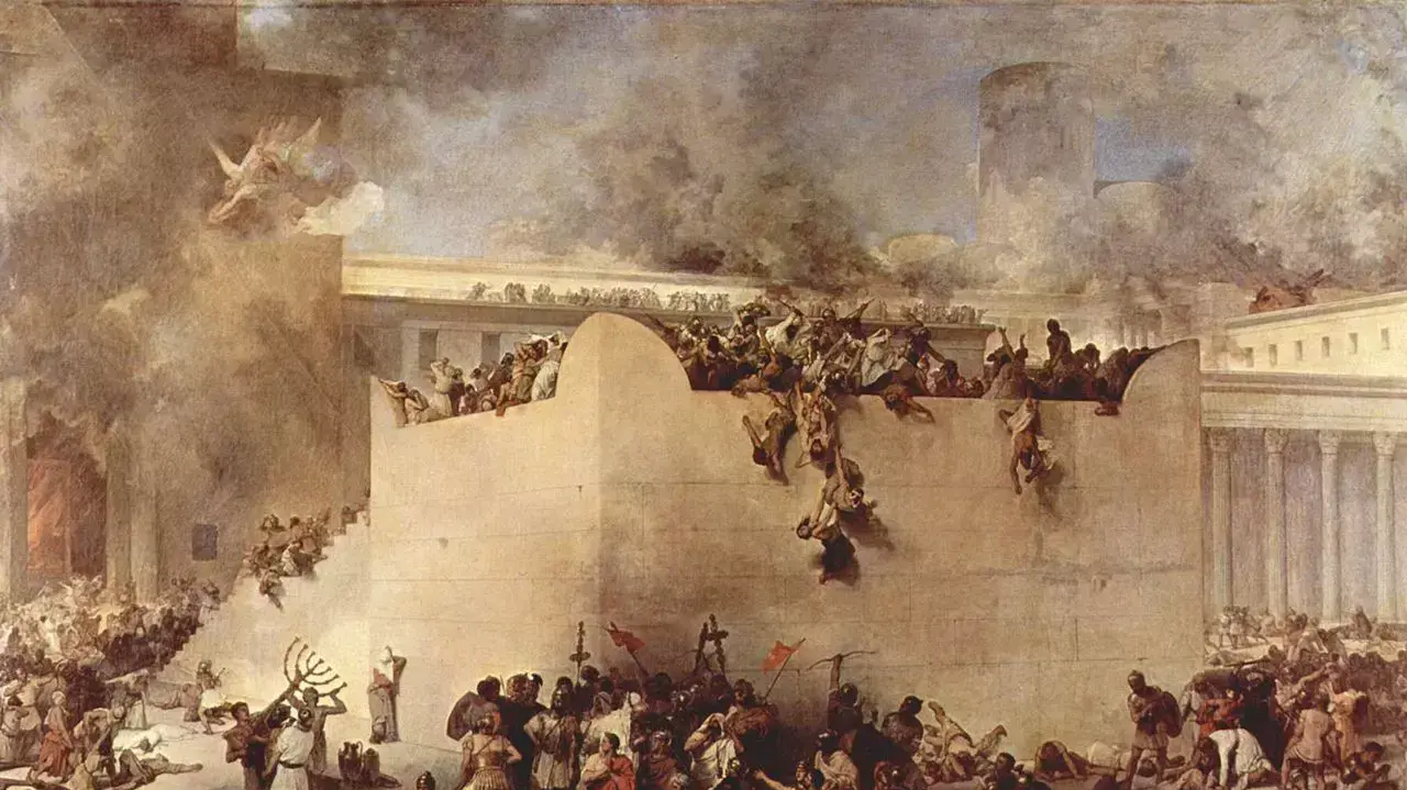 חורבן בית המקדש בירושלים, מתאר את החורבן והביזה של בית המקדש בידי חיילים רומאים. ציור של פרנצ'סקו הייז חורבן בית המקדש בירושלים, מתאר את החורבן והביזה של בית המקדש בידי חיילים רומאים. ציור של פרנצ'סקו הייז