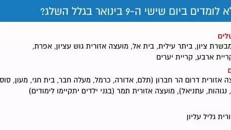 היכן לא לומדים ביום שישי ה9 לינואר היכן לא לומדים ביום שישי ה9 לינואר