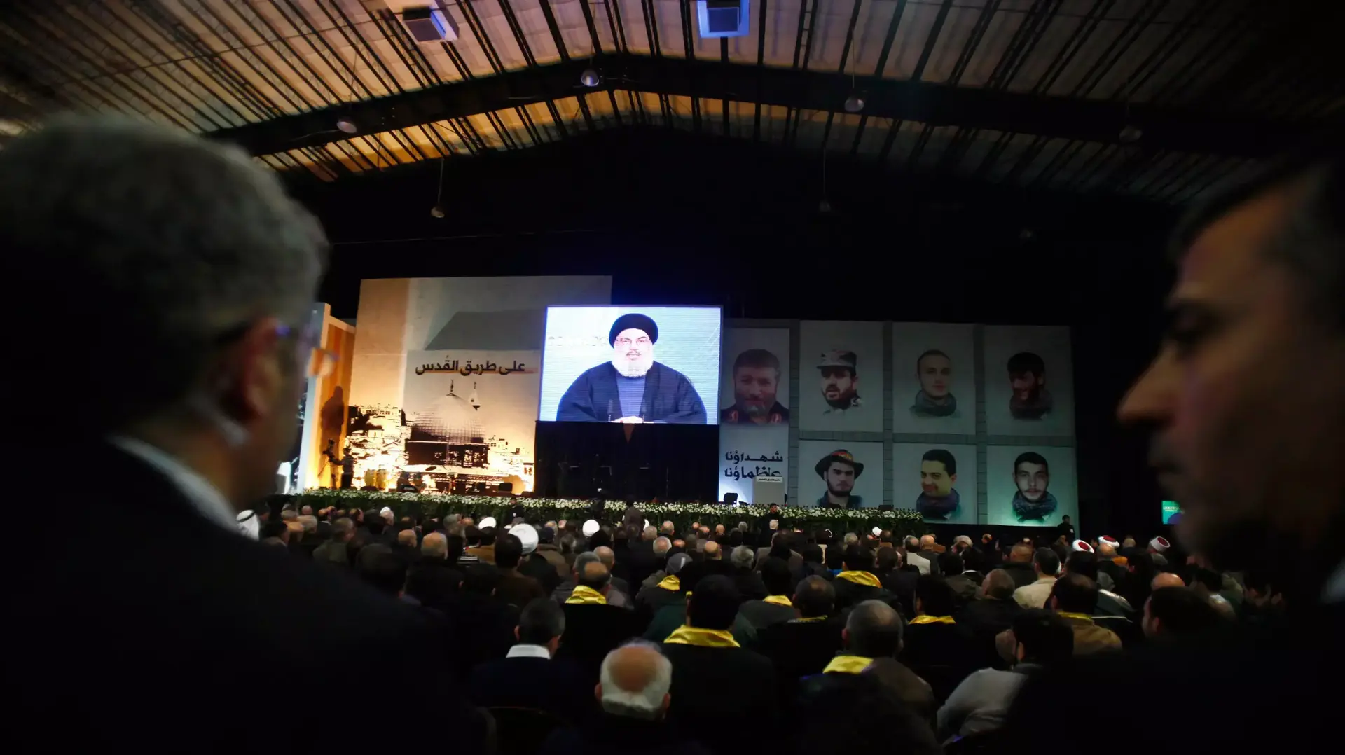 מזכ"ל חיזבאללה, חסן נסראללה, נשא נאום מוקלט בפני פעיליו בדאחייה בביירות, ינואר 2015