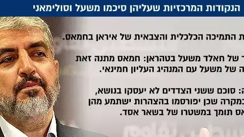 דיווח: הנקודות המרכזיות שעליהן סיכמו משעל וסולימאני דיווח: הנקודות המרכזיות שעליהן סיכמו משעל וסולימאני