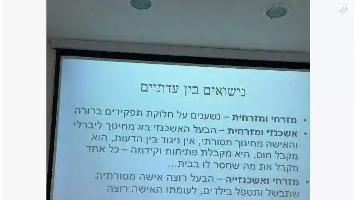 פוסט של קבוצת "במזרח" בפייסבוק ובו תצלום של שקף עם סטראוטיפים גזעניים של מרצה במרכז ללימודים אקדמיים באור יהודה