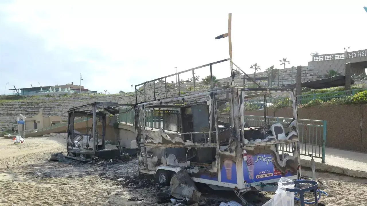 מזנונים שנשרפו במסגרת סיכסוך לכאורה בין ראש עיריית אשקלון איתמר שמעוני לארגון של שלום דומרני, מאי 2015 מזנונים שנשרפו במסגרת סיכסוך לכאורה בין ראש עיריית אשקלון איתמר שמעוני לארגון של שלום דומרני, מאי 2015
