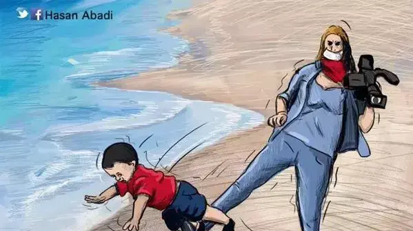קריקטורה של הצלמת בועטת בפליט סורי קריקטורה של הצלמת בועטת בפליט סורי