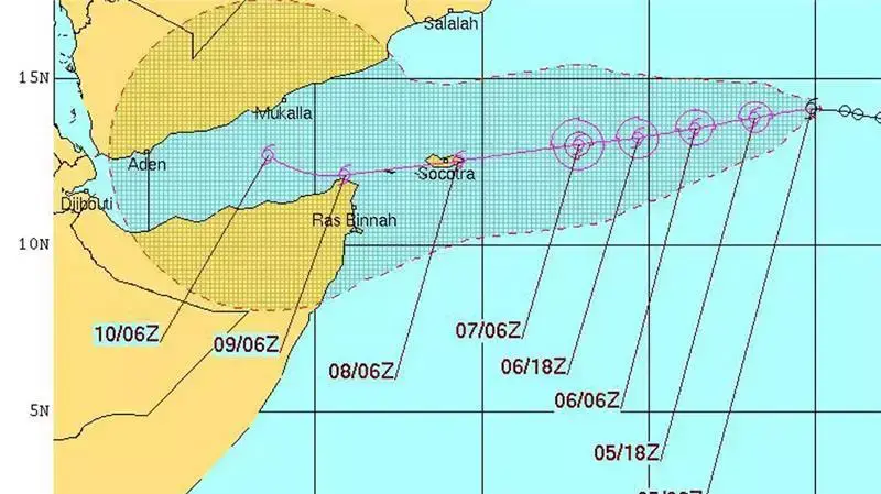 מסלול הציקלון "מג" שעתיד לפגוע בתימן מסלול הציקלון "מג" שעתיד לפגוע בתימן