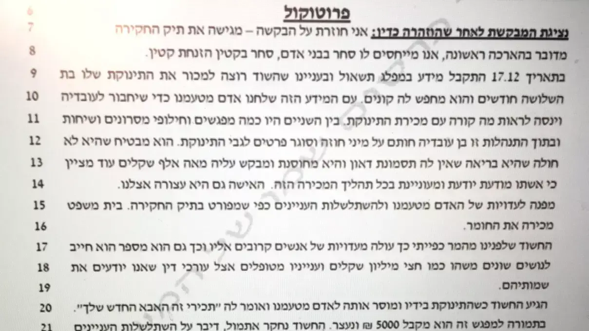 פרוטוקול הדיון על מכירת תינוקת בת שלושה חודשים, לכיסוי חובות הימורים. דצמבר 2015 פרוטוקול הדיון על מכירת תינוקת בת שלושה חודשים, לכיסוי חובות הימורים. דצמבר 2015